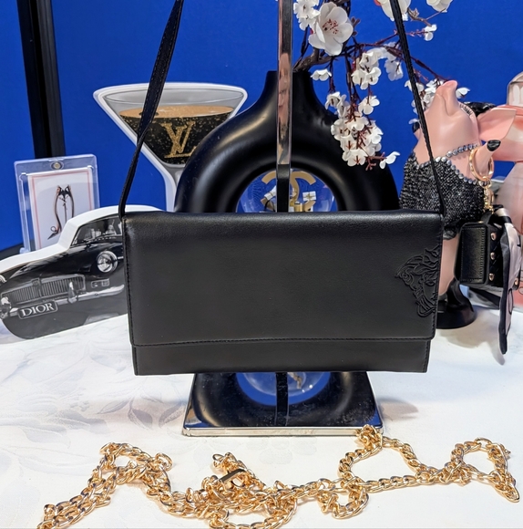 Versace Black Clutch/ Shoulder Bag With Half Medusa Head And Added